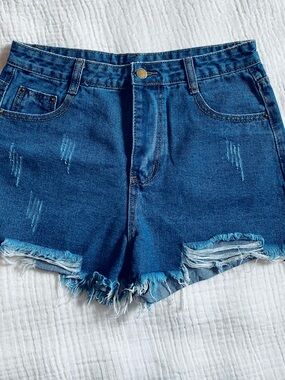 High-Rise Distressed Denim Shorts - Blue